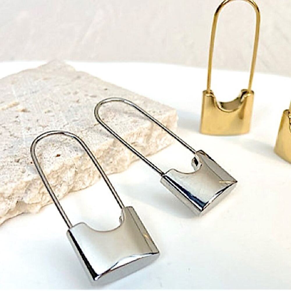 Silver Lock Safety Pin Earrings, Minimalist, Dainty, Gift For Teenager - Picture 2 of 9